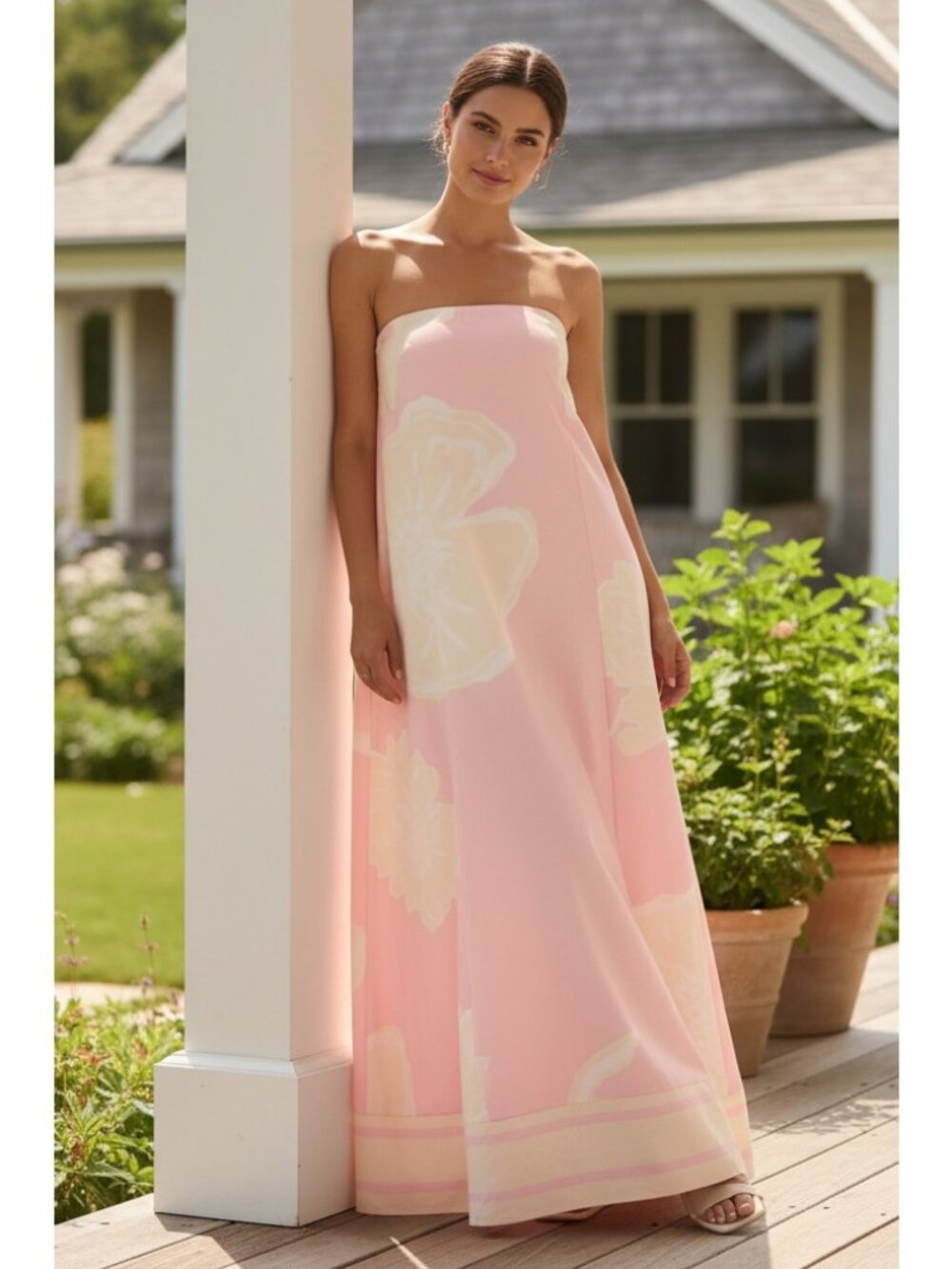 Strapless Column Tube Dress Smocked Backless Bandeau Printed Flowing Long Maxi